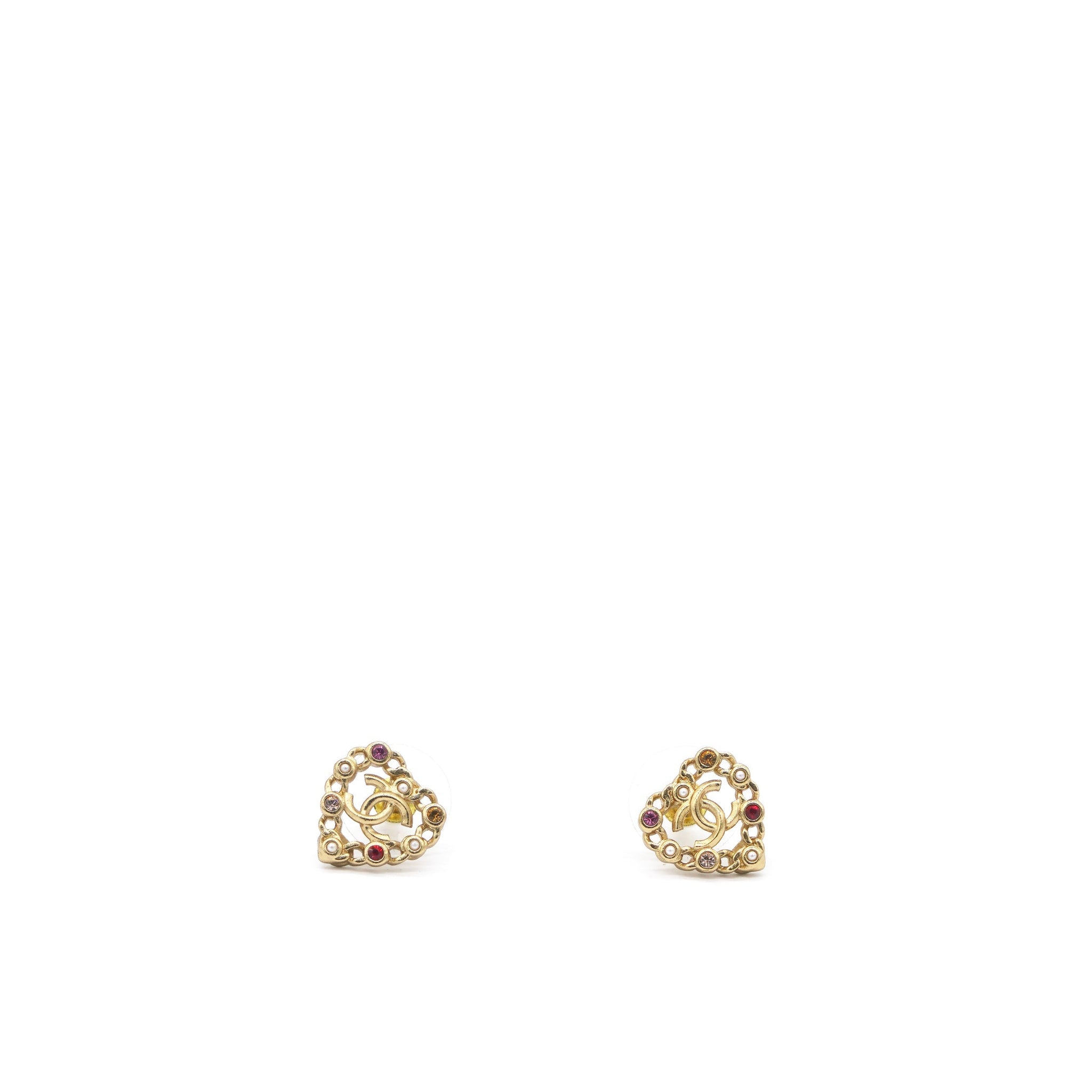 Chanel Pearl Crystal CC Heart Earrings Gold Multicolor