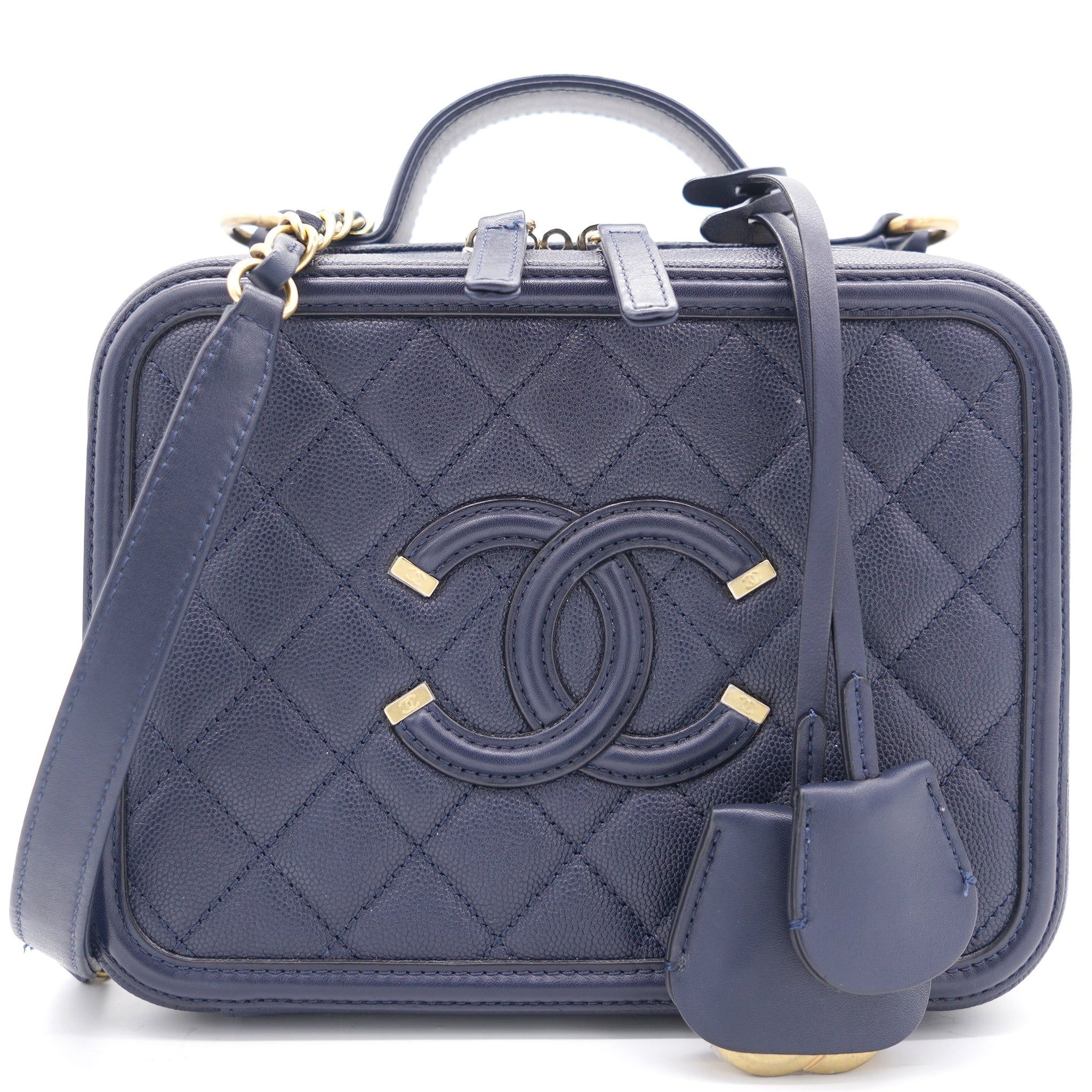 Chanel Navy Quilted Caviar Leather Medium CC Filigree Vanity Case Bag