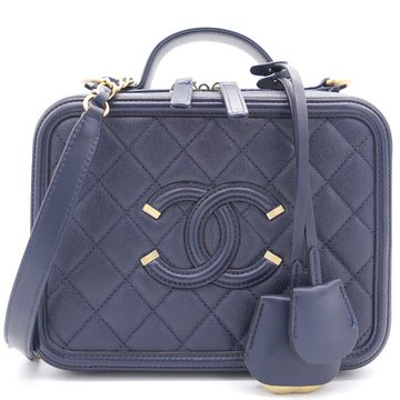 Chanel Navy Quilted Caviar Leather Medium CC Filigree Vanity Case Bag