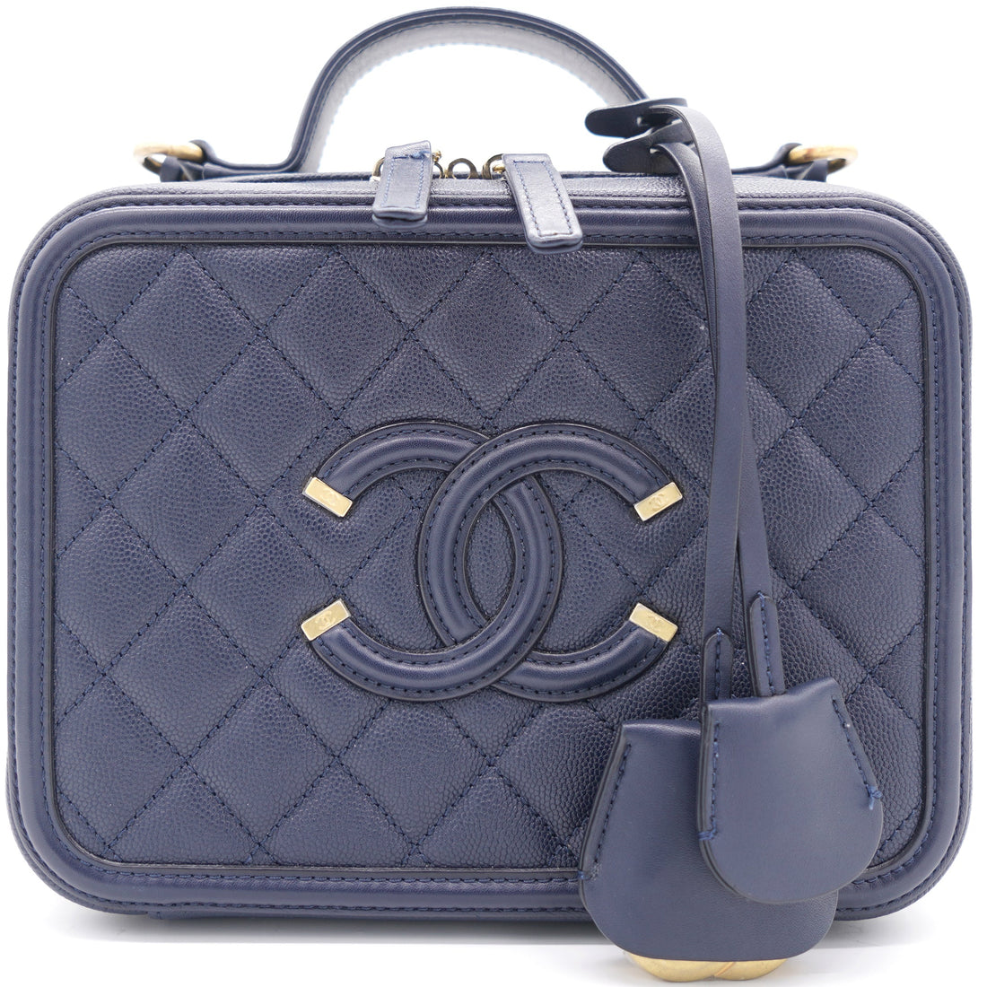 Chanel Navy Quilted Caviar Leather Medium CC Filigree Vanity Case Bag