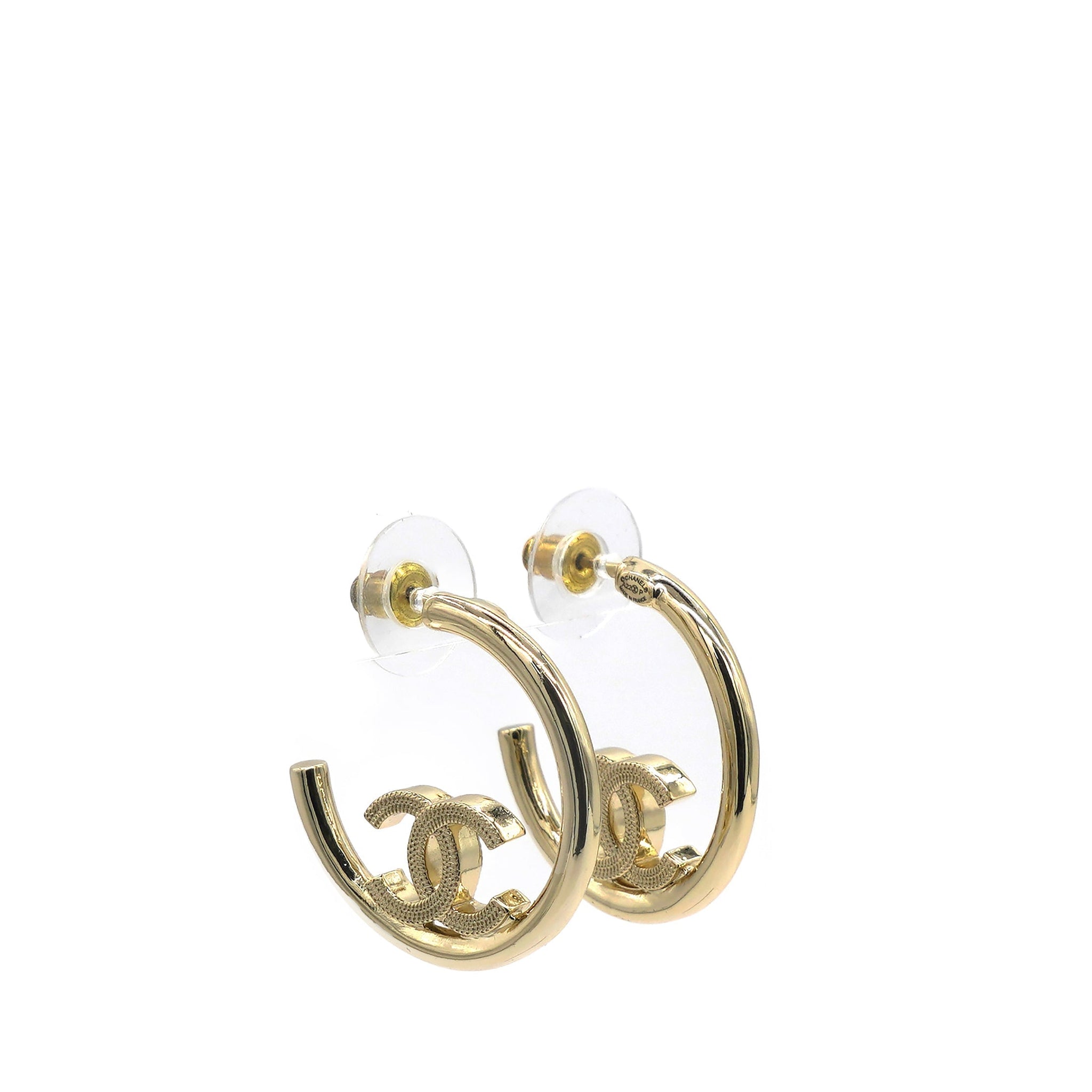 Chanel Metal Textured CC Hoop Earrings Gold