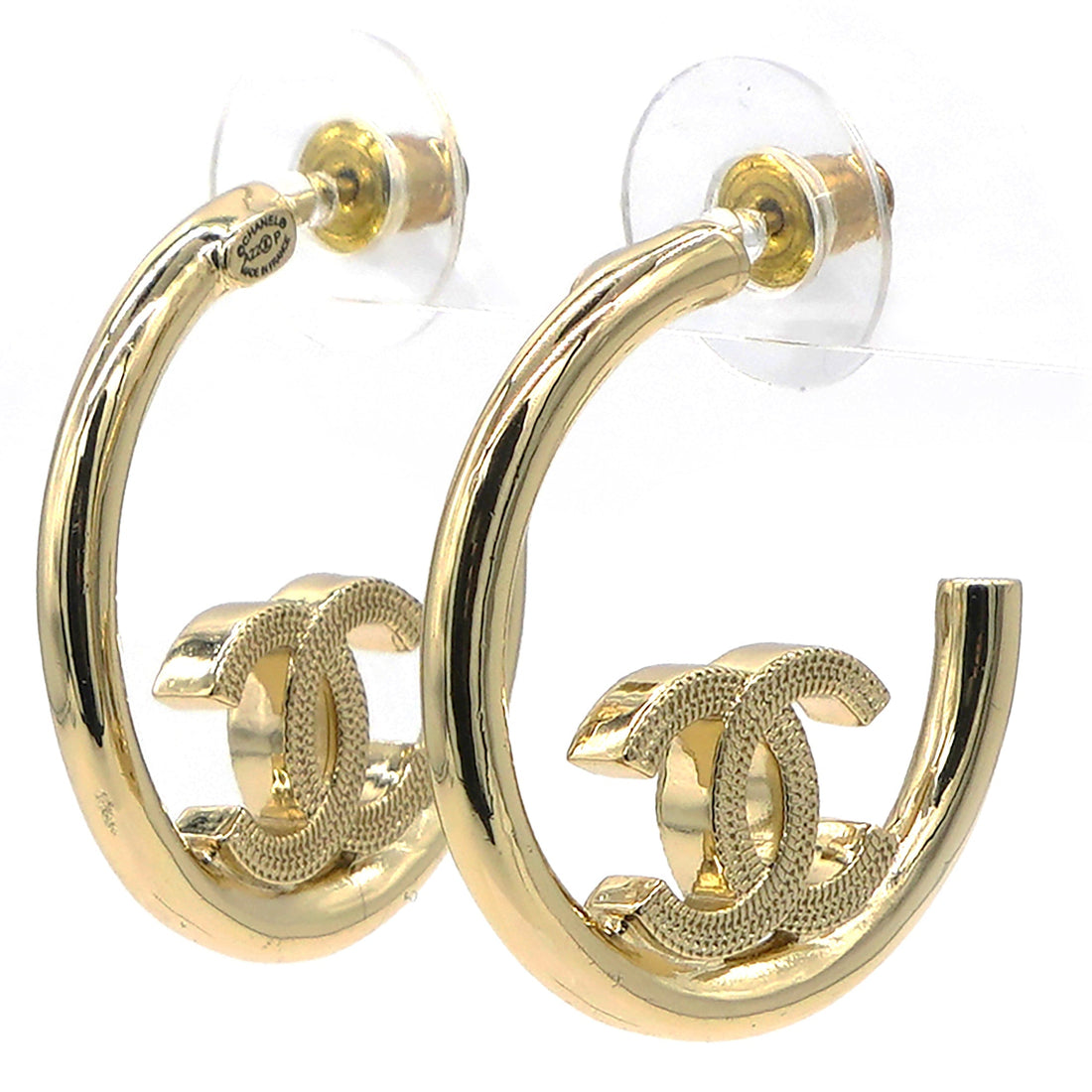 Chanel Metal Textured CC Hoop Earrings Gold