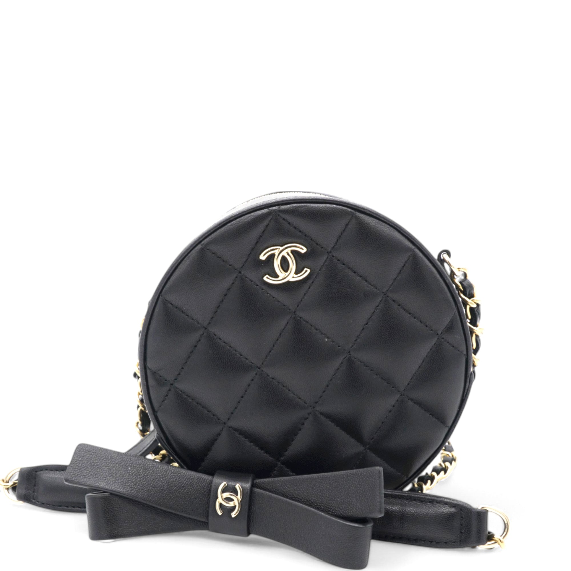 Chanel Mini Round Purse Vanity Lambskin Leather Black Bow Knot
