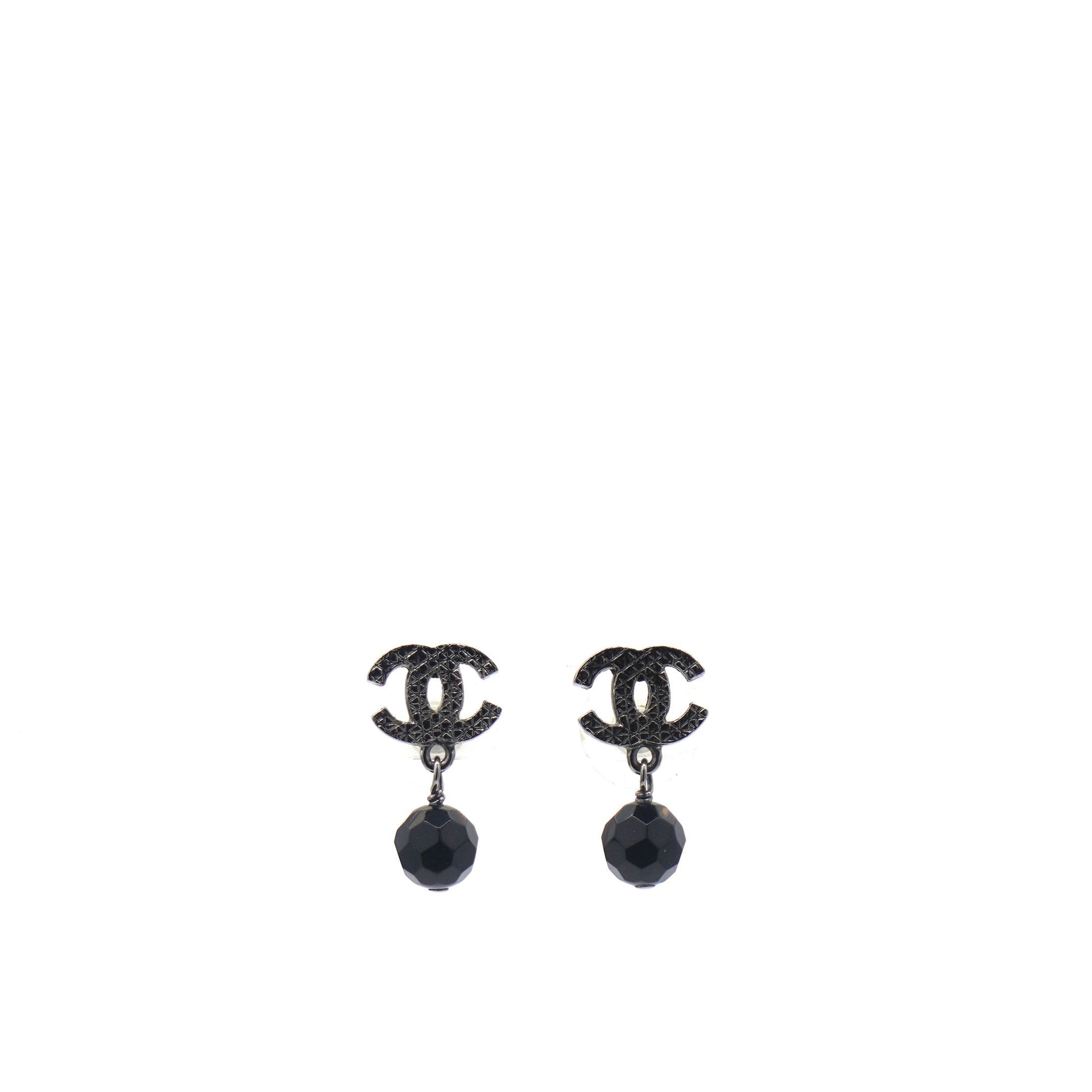 Chanel Ruthenium Bead CC Drop Earrings Black