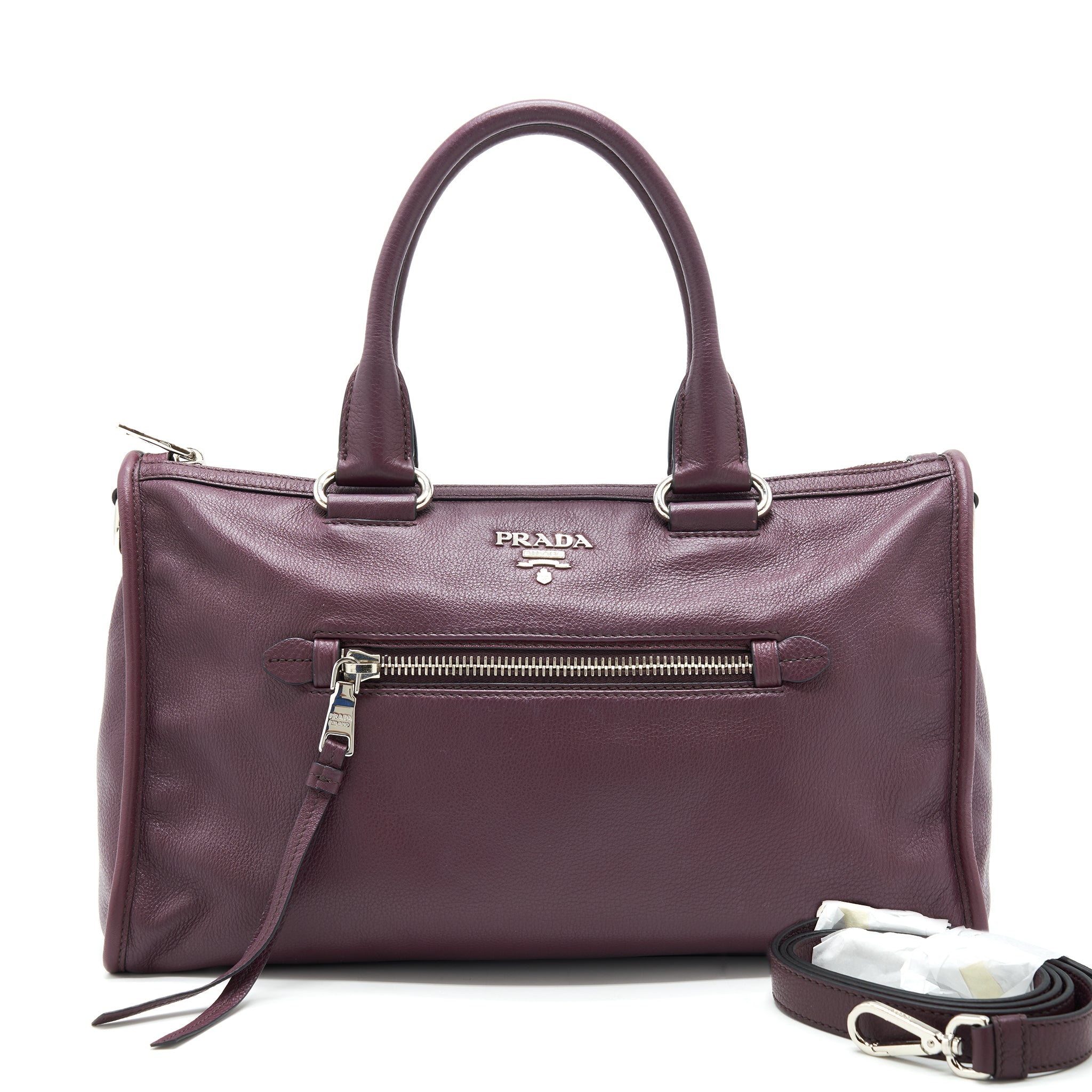 Prada Vitello Phenix Bauletto Tote Bag Grained Calfskin Burgundy SHW