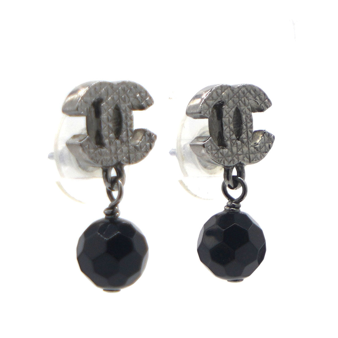 Chanel Ruthenium Bead CC Drop Earrings Black