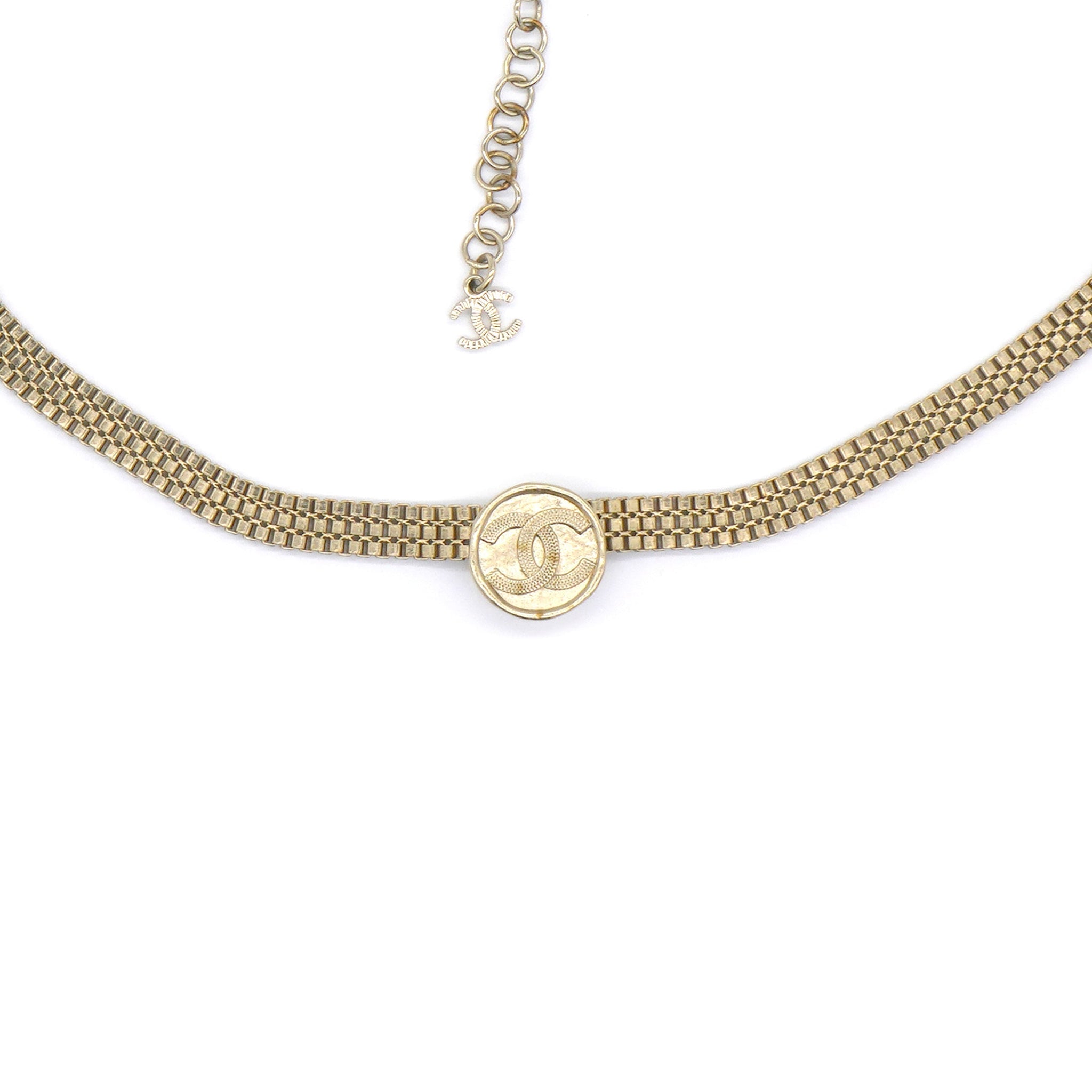 Chanel Metal Chain Link CC Medallion Choker Necklace Gold