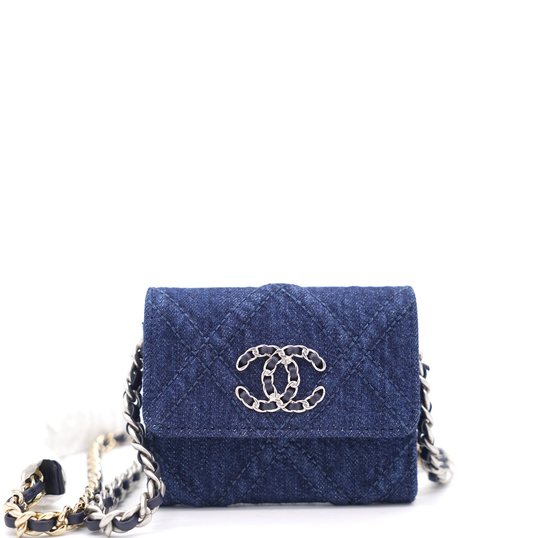 Chanel Quilted Blue Denim 19 Card Holder with Chain