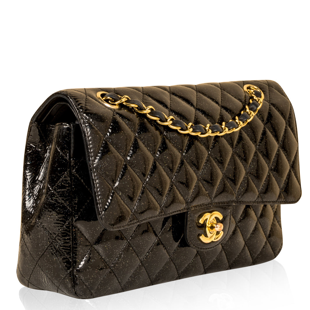 Chanel Classic Flap Bag Medium Patent Black Glitter