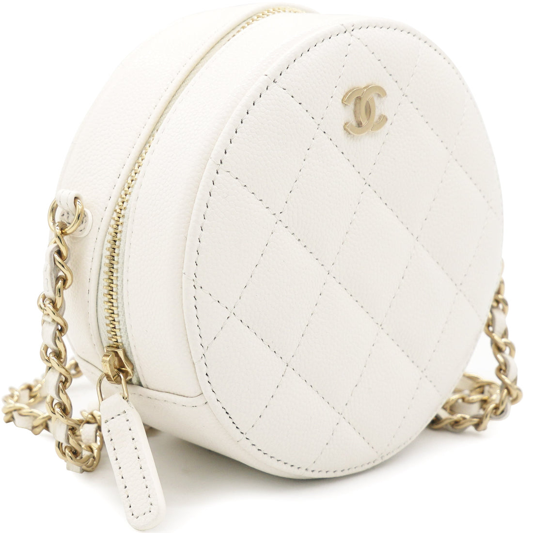 Chanel Caviar Quilted Round Clutch with Chain White