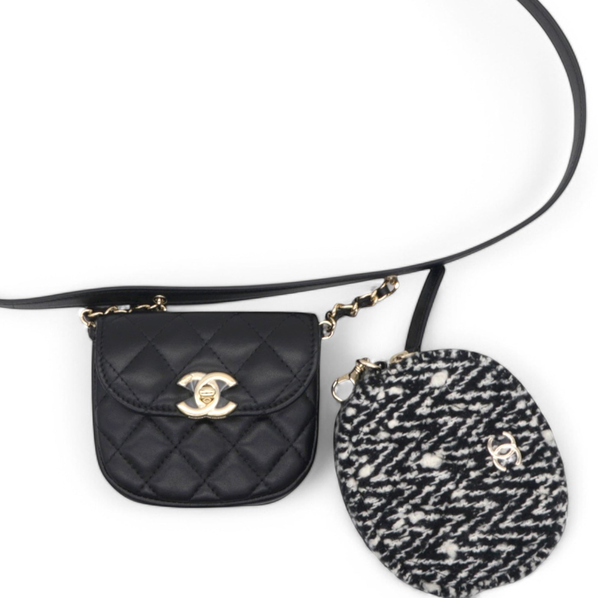 Chanel Tweed Lambskin Quilted Waist Bag With Coin Purse Black