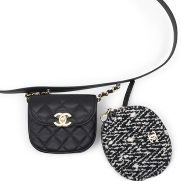 Chanel Tweed Lambskin Quilted Waist Bag With Coin Purse Black