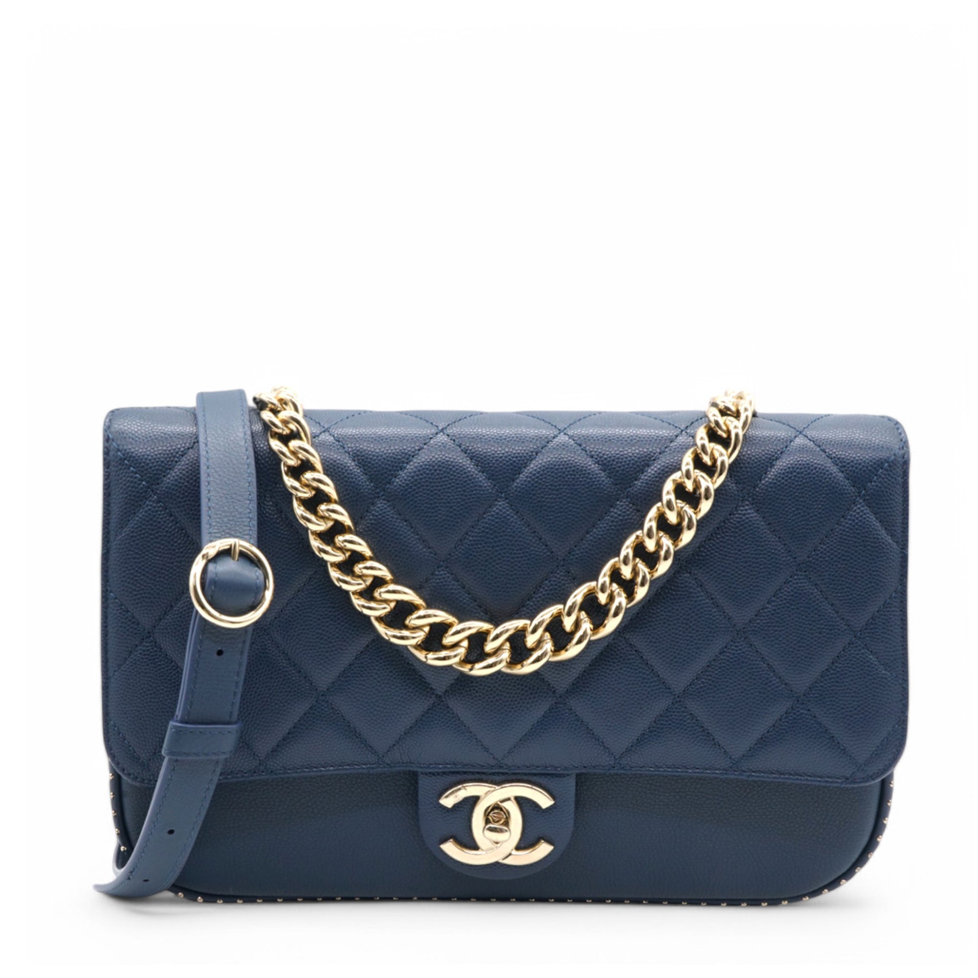 Chanel Matelasse Coco Mark Chain Caviar Shoulder Bag Navy
