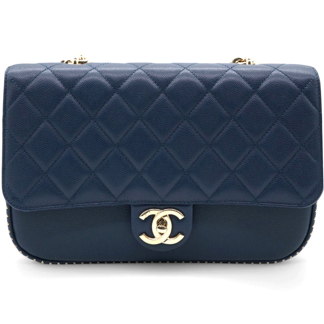 Chanel Matelasse Coco Mark Chain Caviar Shoulder Bag Navy