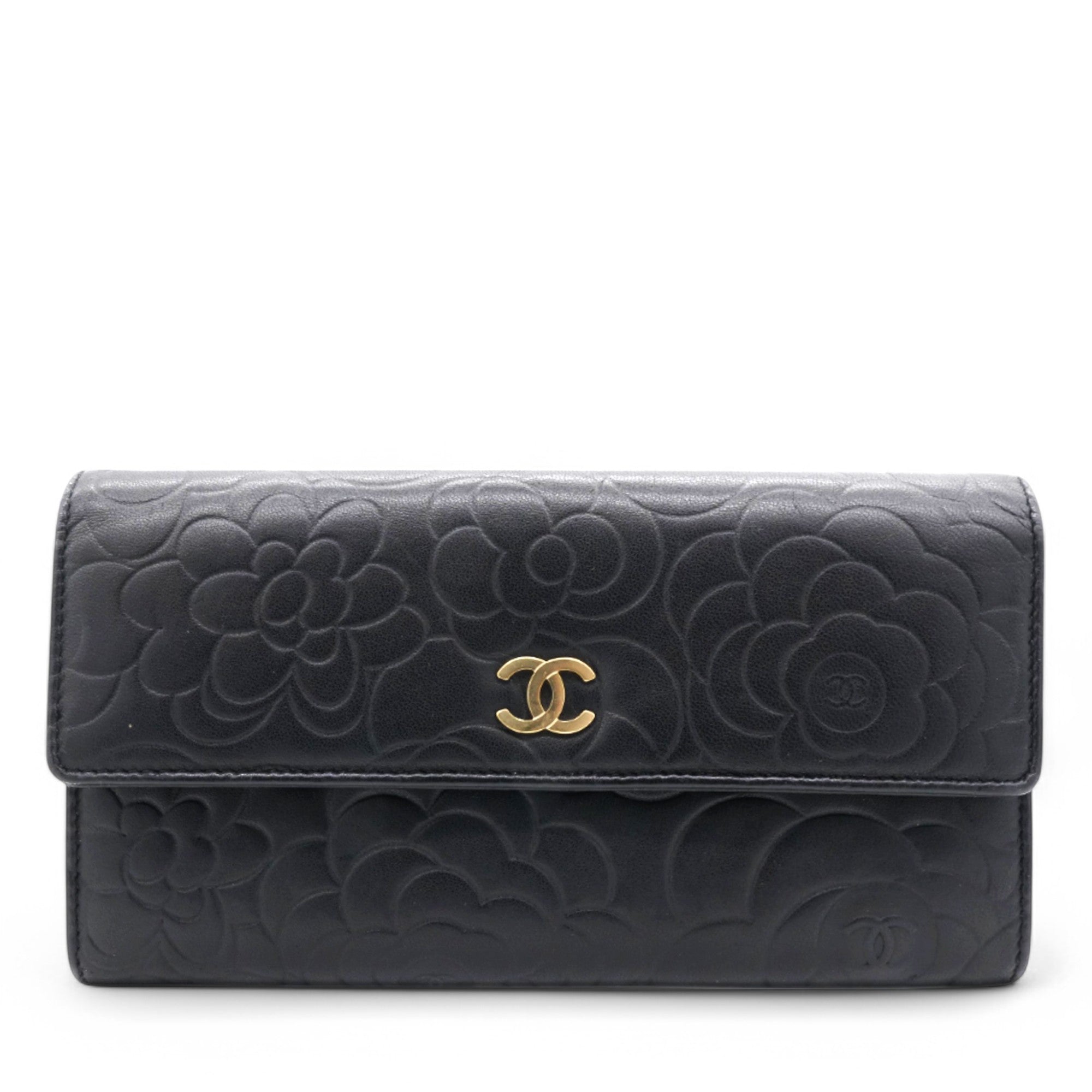 Chanel Caviar Camellia Embossed Flap Wallet Black
