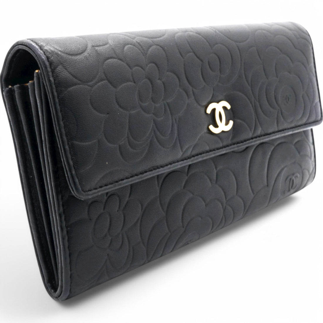 Chanel Caviar Camellia Embossed Flap Wallet Black