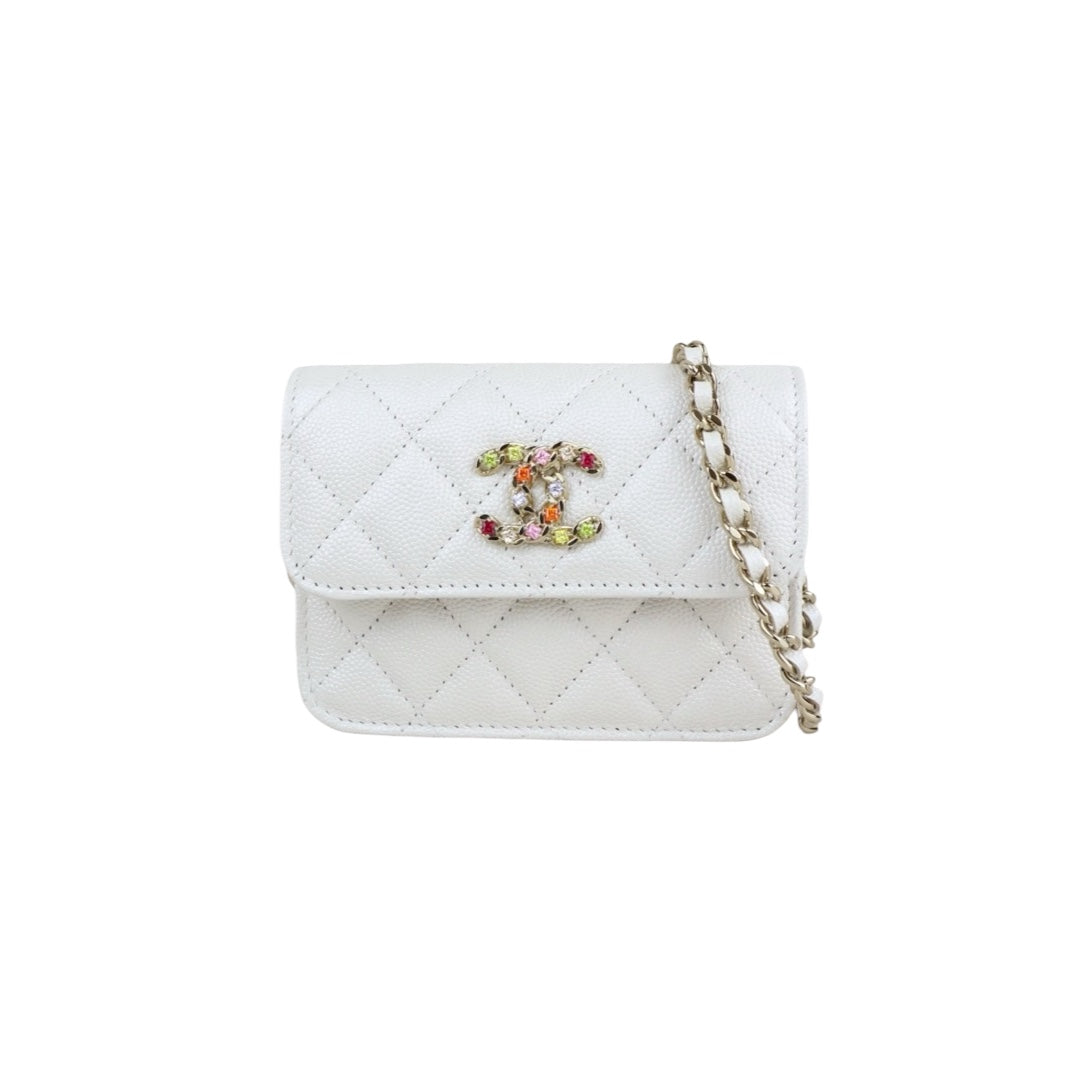 Very Good ( Rank A)? CHANEL Matelasse Chain Calf Leather Colour Rhinestone Mini WOC White  IC Chips Model ?W25062903