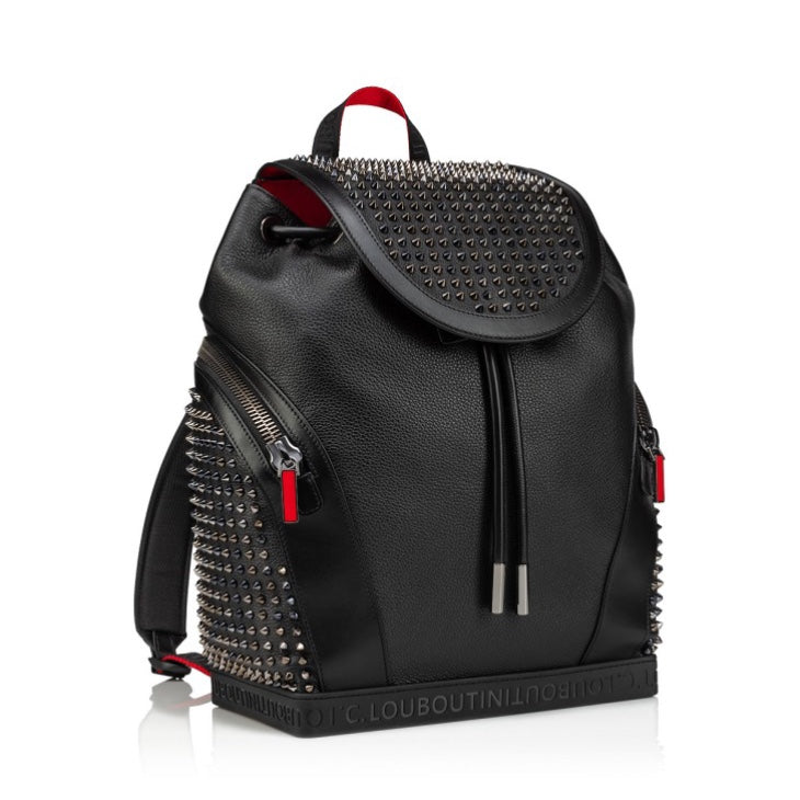Christian Louboutin Explorafunk Black Leather Spike Drawstring Flap Backpack