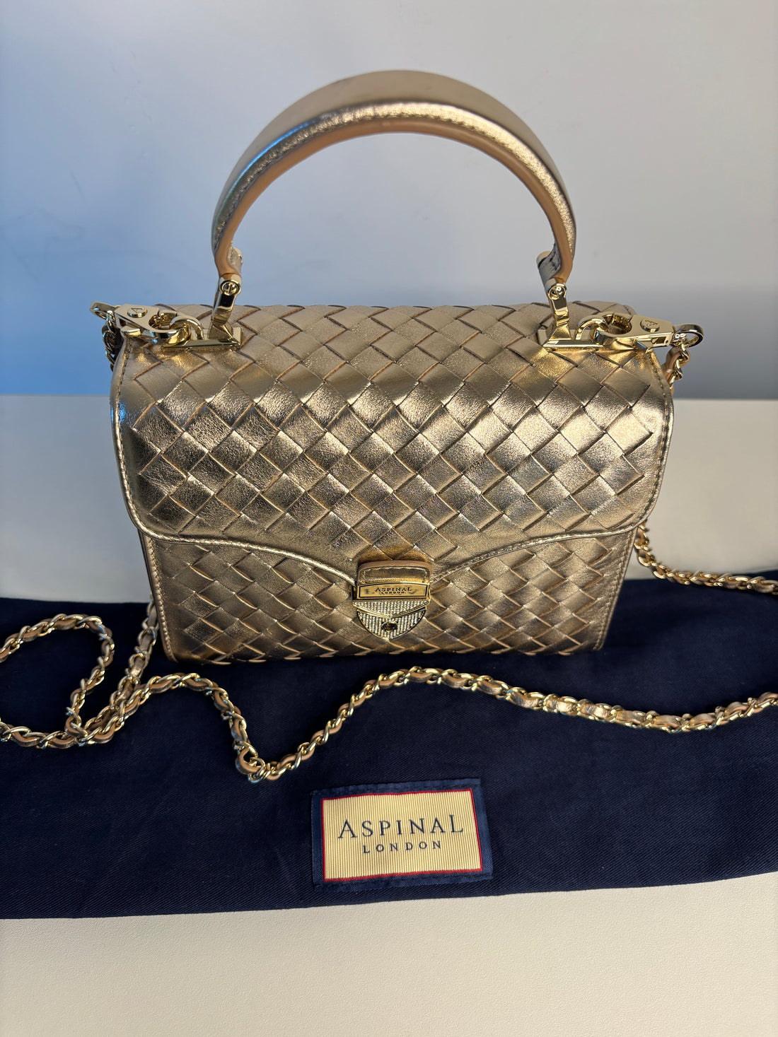 Aspinal of London Midi Mayfair Champaigne Woven Leather Top Handle Bag Preloved