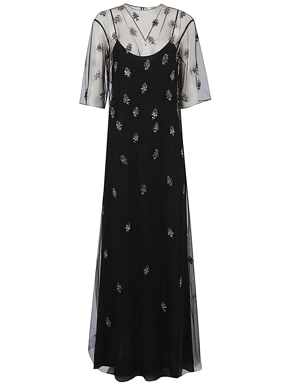 FENDI Lightweight Long Dress with Floral Embroidery