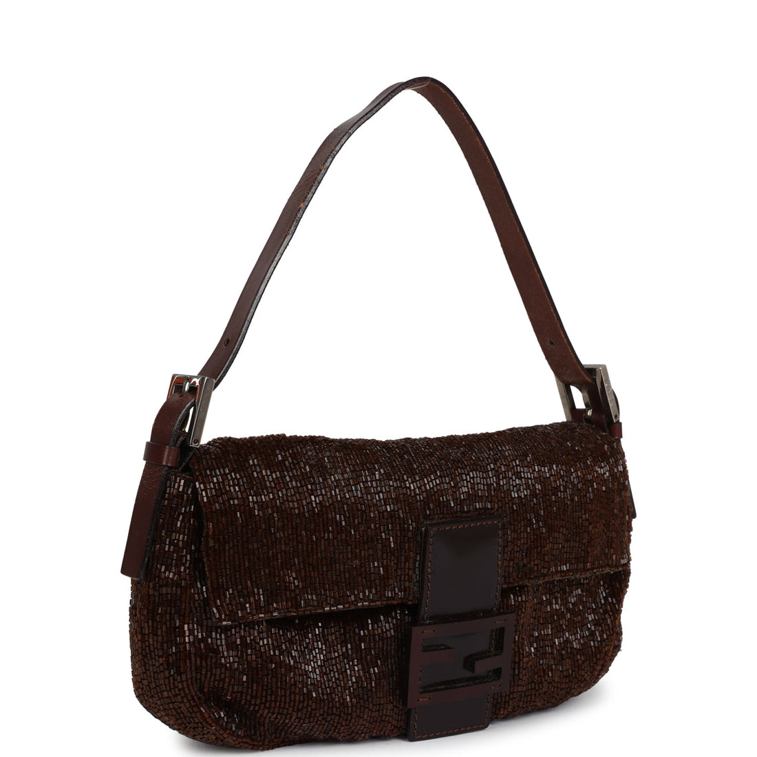 Vintage Fendi Baguette Bag Brown Beaded Satin Silver Hardware