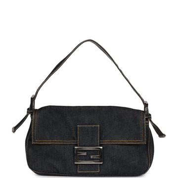 Vintage Fendi Baguette Bag Dark Blue Denim Silver Hardware