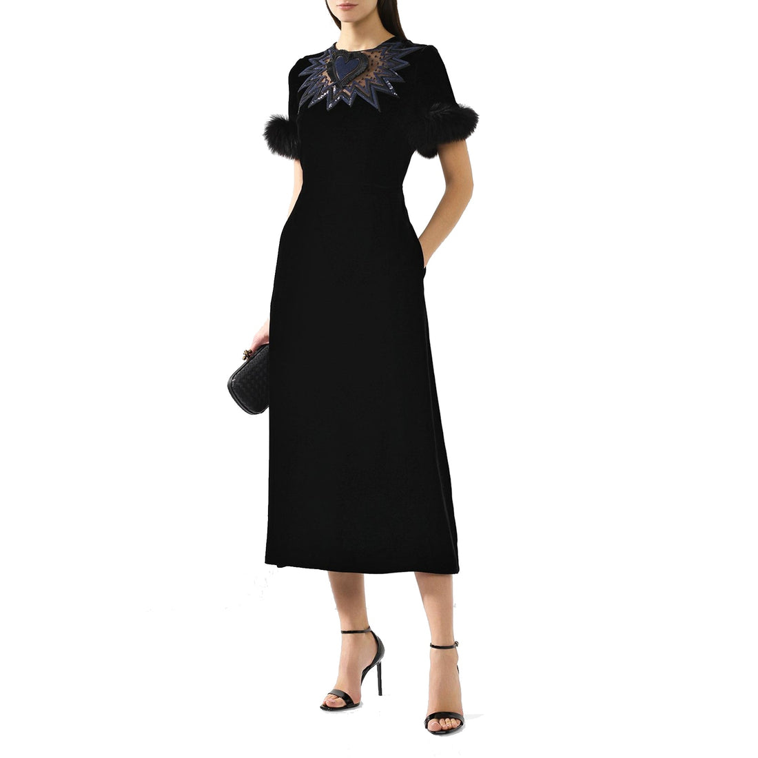 FENDI Luxe Fur Trim Velvet Midi Dress - Size 42