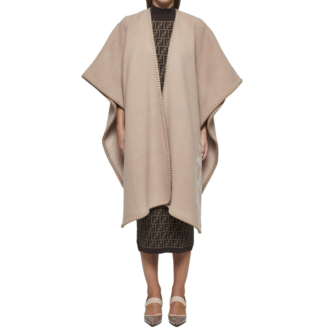 FENDI Wool and Cashmere Poncho with Three-Quarter Sleeves