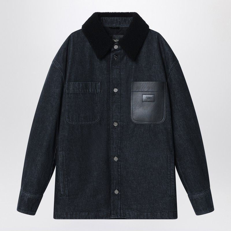 FENDI Men's Denim Shirt Jacket with Shearling Collar