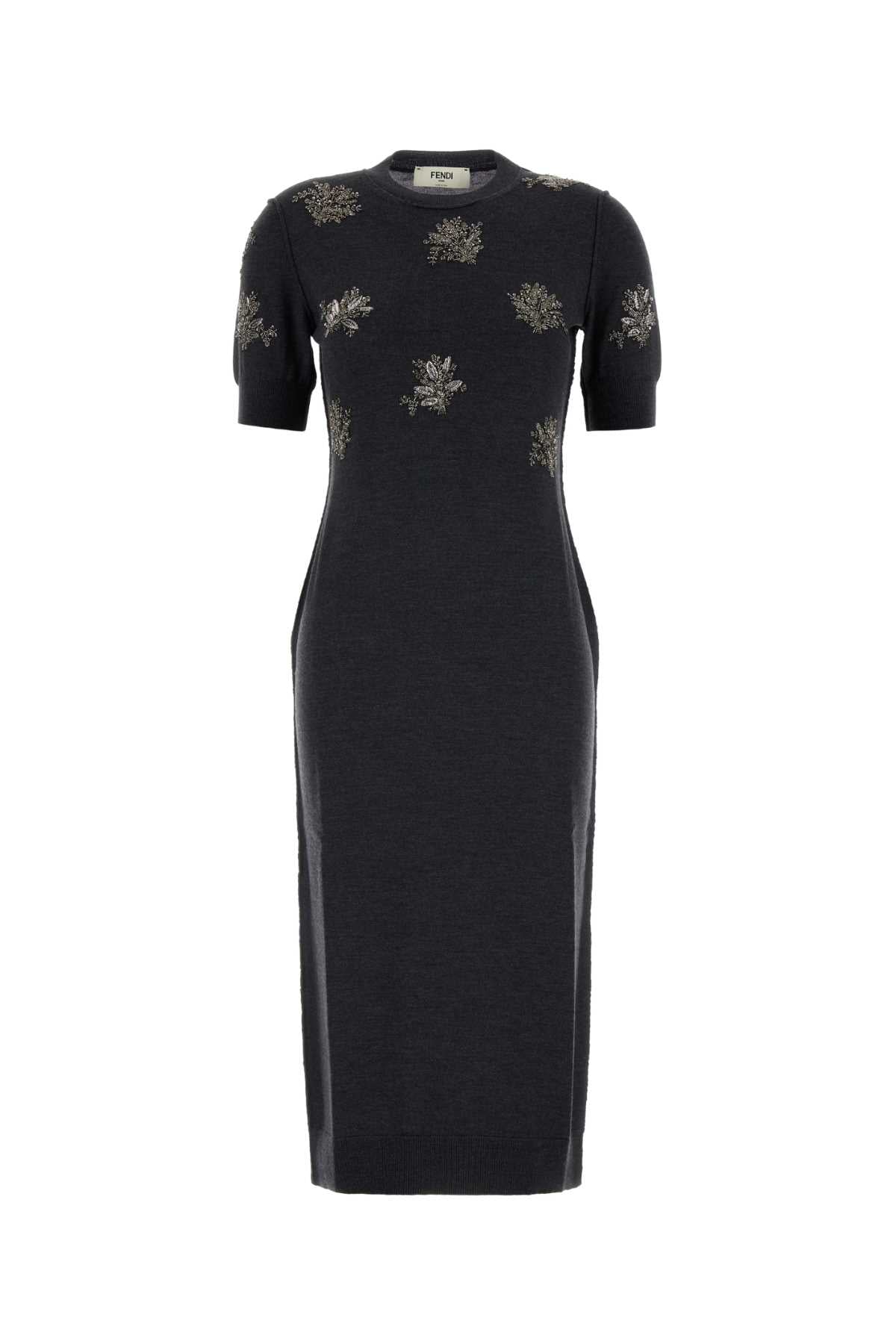 FENDI MIDI Stretch Wool Dress with Sequined Flowers