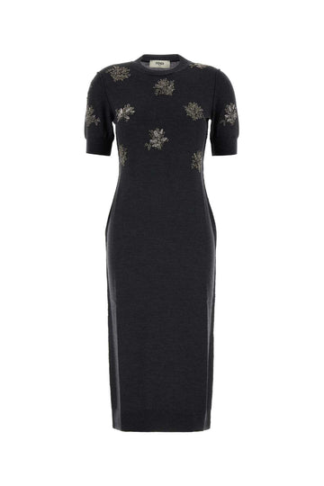 FENDI MIDI Stretch Wool Dress with Sequined Flowers