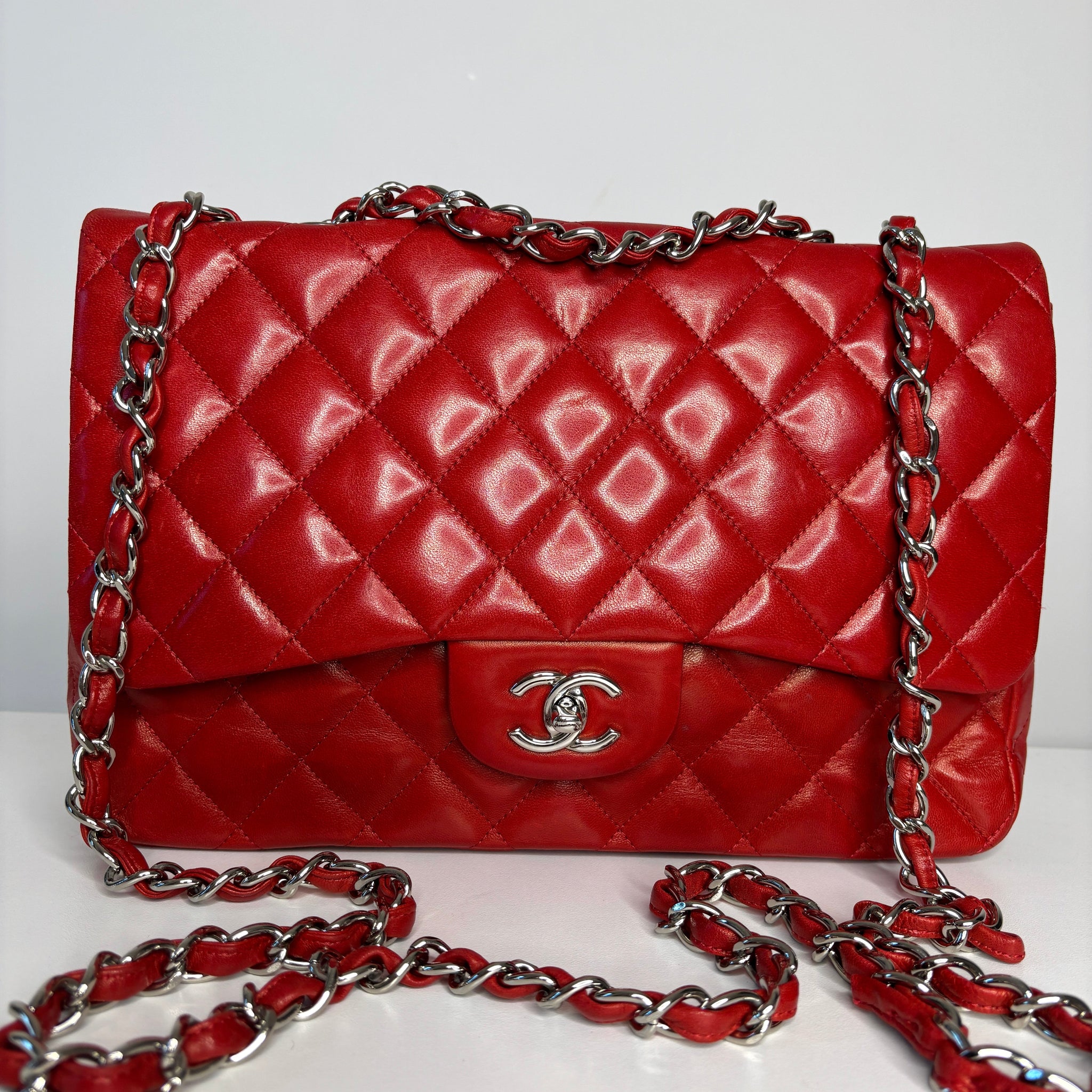 Chanel Jumbo Red Lambskin Classic Single Flap Shoulder Bag - Preloved