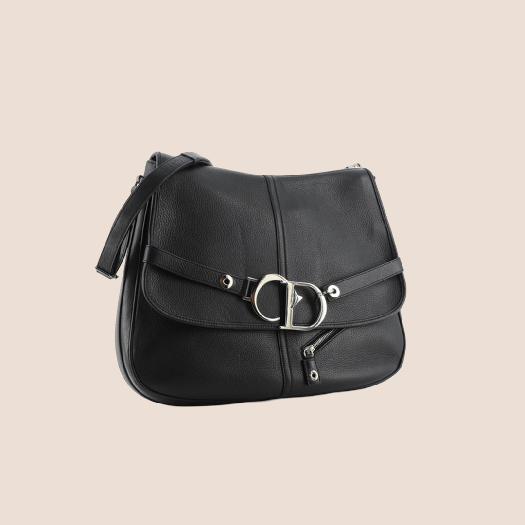 CHRISTIAN DIOR CD BLACK LEATHER FLAP CROSSBODY BAG