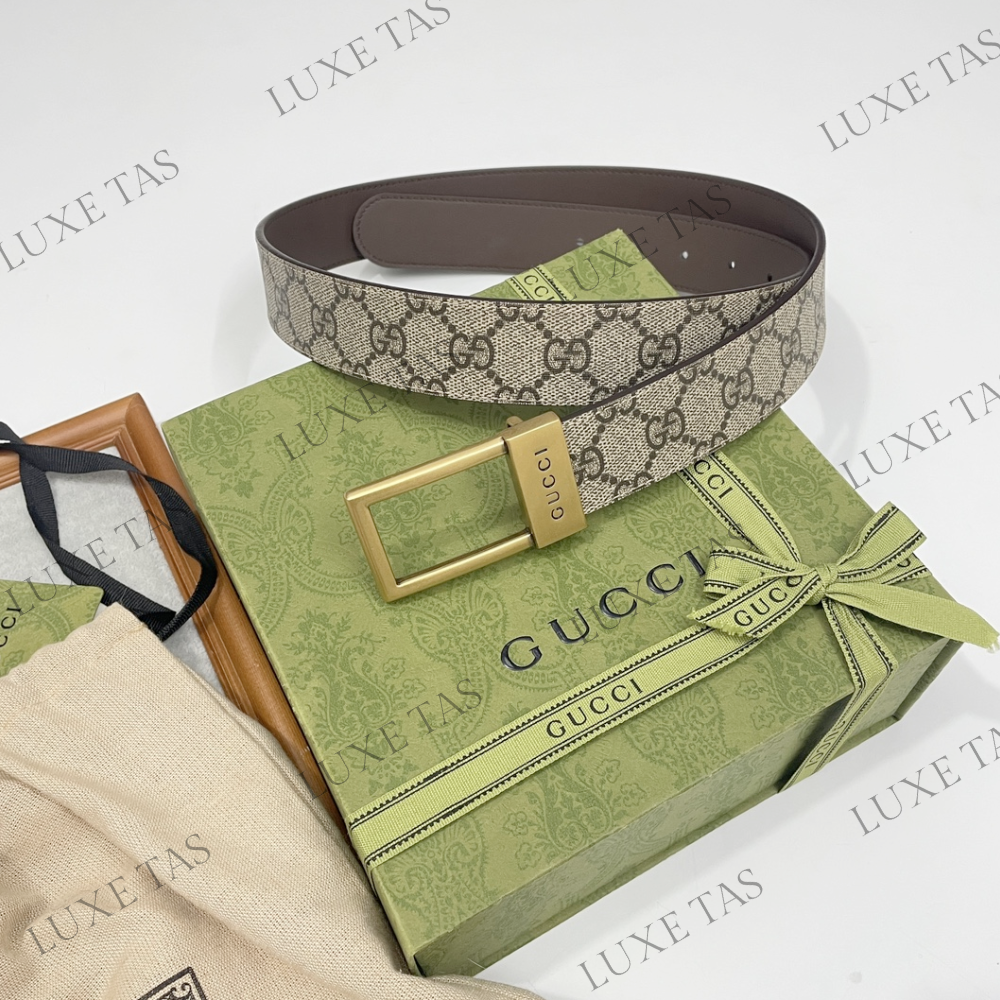 Beige & Ebony GG Belt With Rectangular Buckle Designer Belts for Men