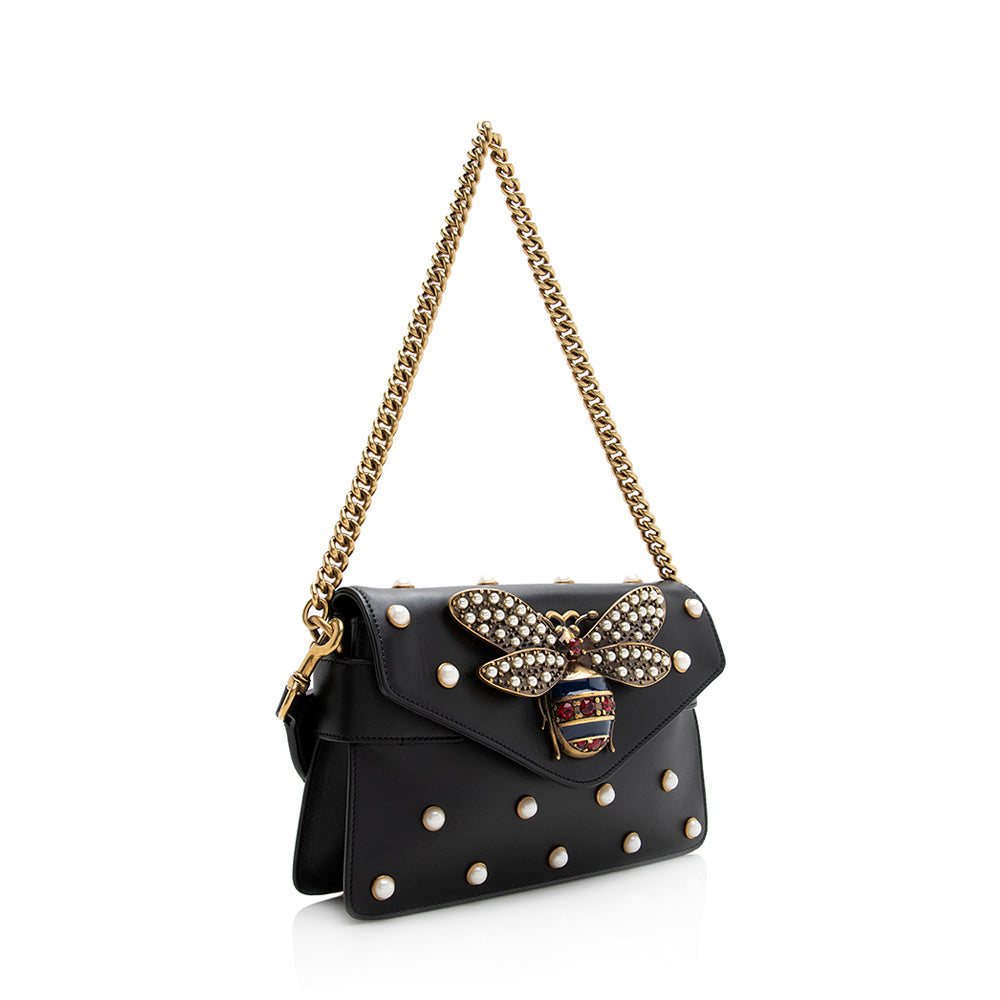 Gucci Calfskin Pearl Bee Broadway Mini Shoulder Bag (SHF-21311)