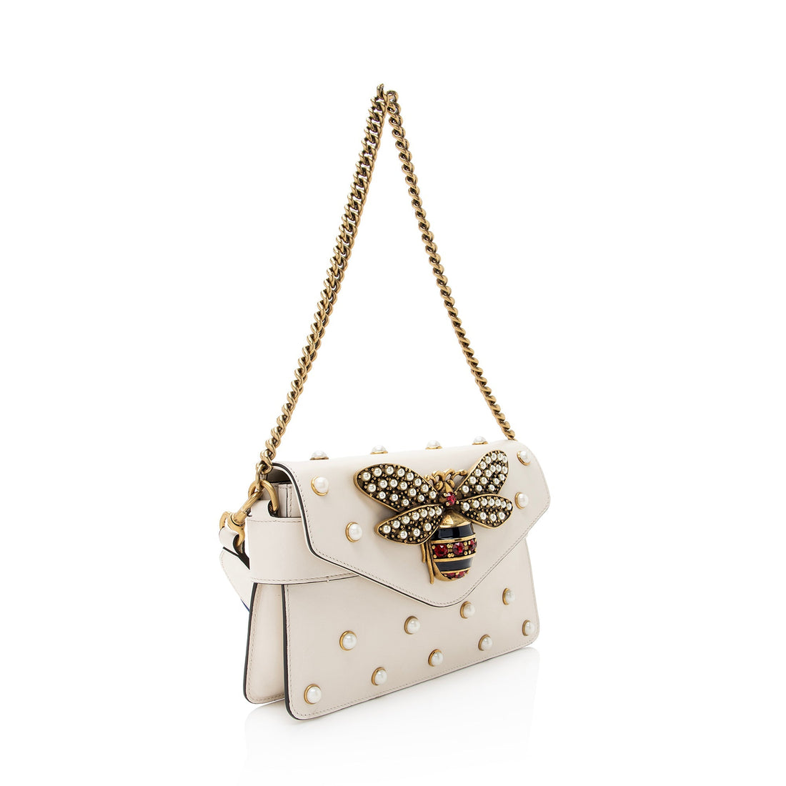 Gucci Calfskin Pearl Bee Broadway Mini Shoulder Bag (SHF-22409)