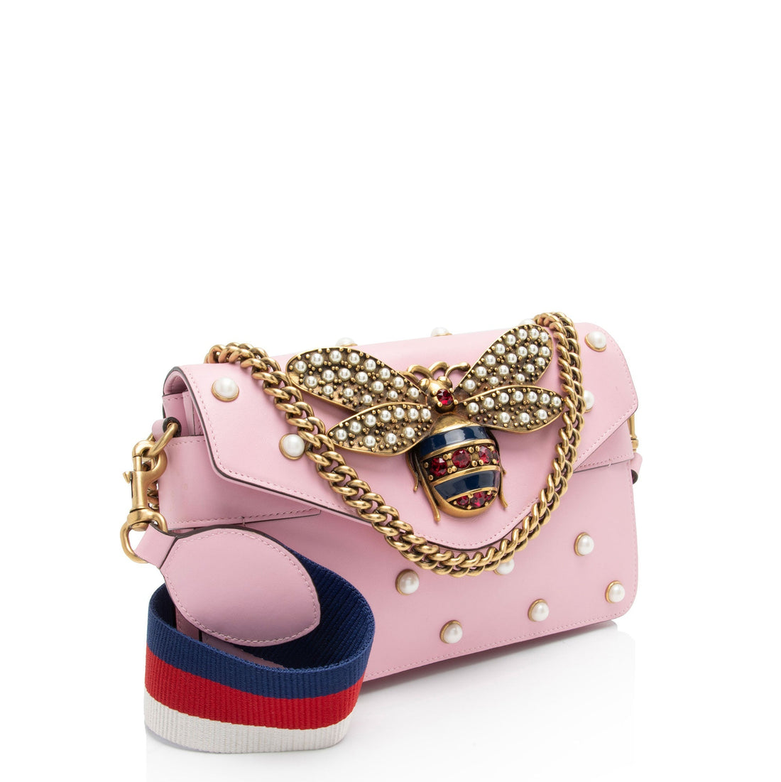 Gucci Calfskin Pearl Bee Broadway Mini Shoulder Bag (SHF-11dMr1)