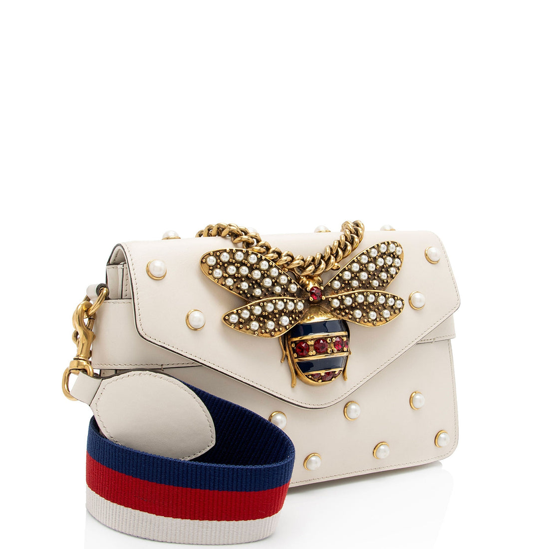 Gucci Calfskin Pearl Bee Broadway Mini Shoulder Bag (SHF-tRht4u)