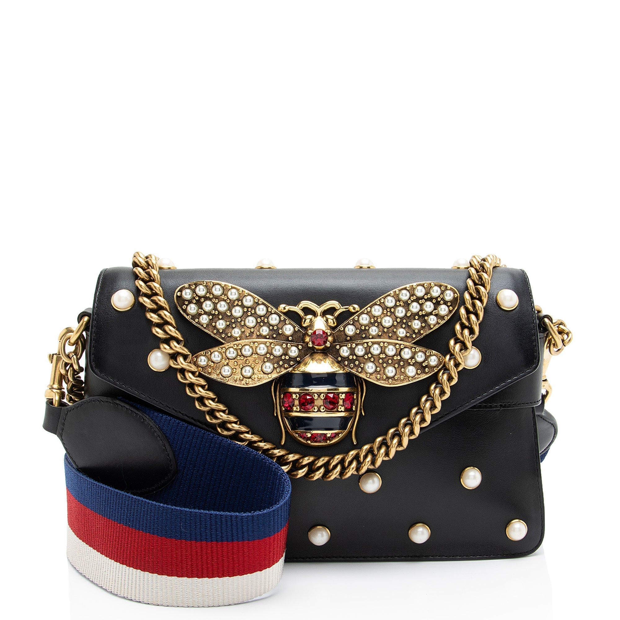 Gucci Calfskin Pearl Bee Broadway Mini Shoulder Bag