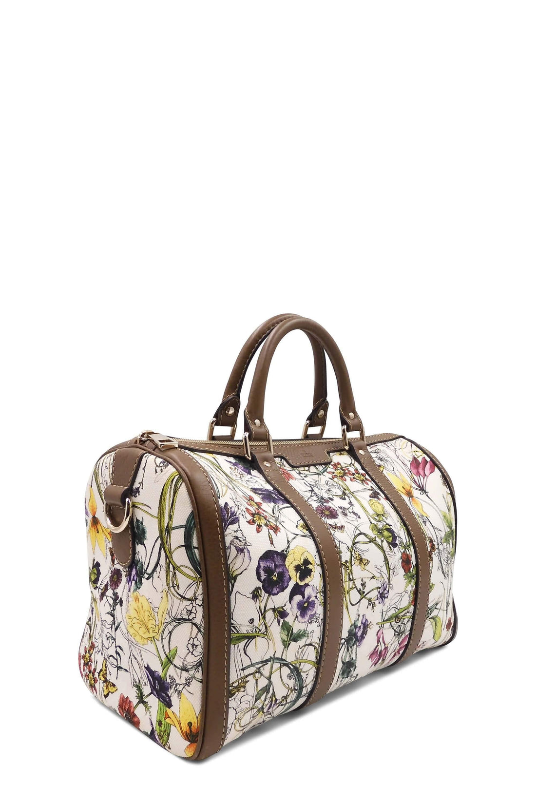 Floral Canvas Boston Bag White Brown