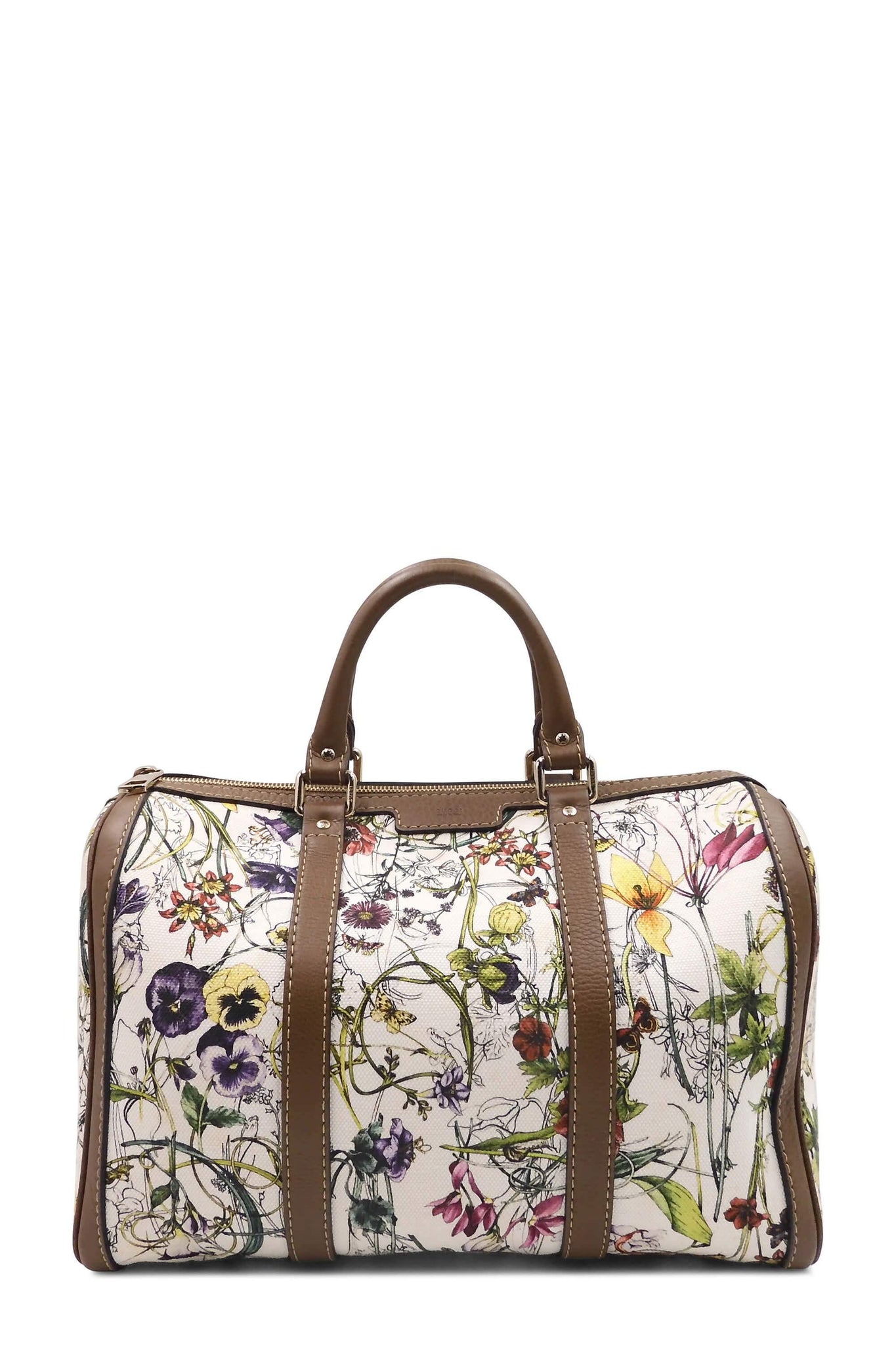 Floral Canvas Boston Bag White Brown