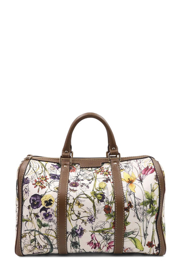 Floral Canvas Boston Bag White Brown
