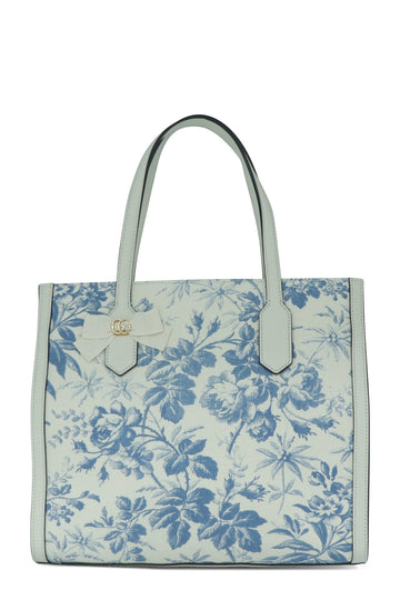 GG Ribbon Herbarium Floral Print Tote White
