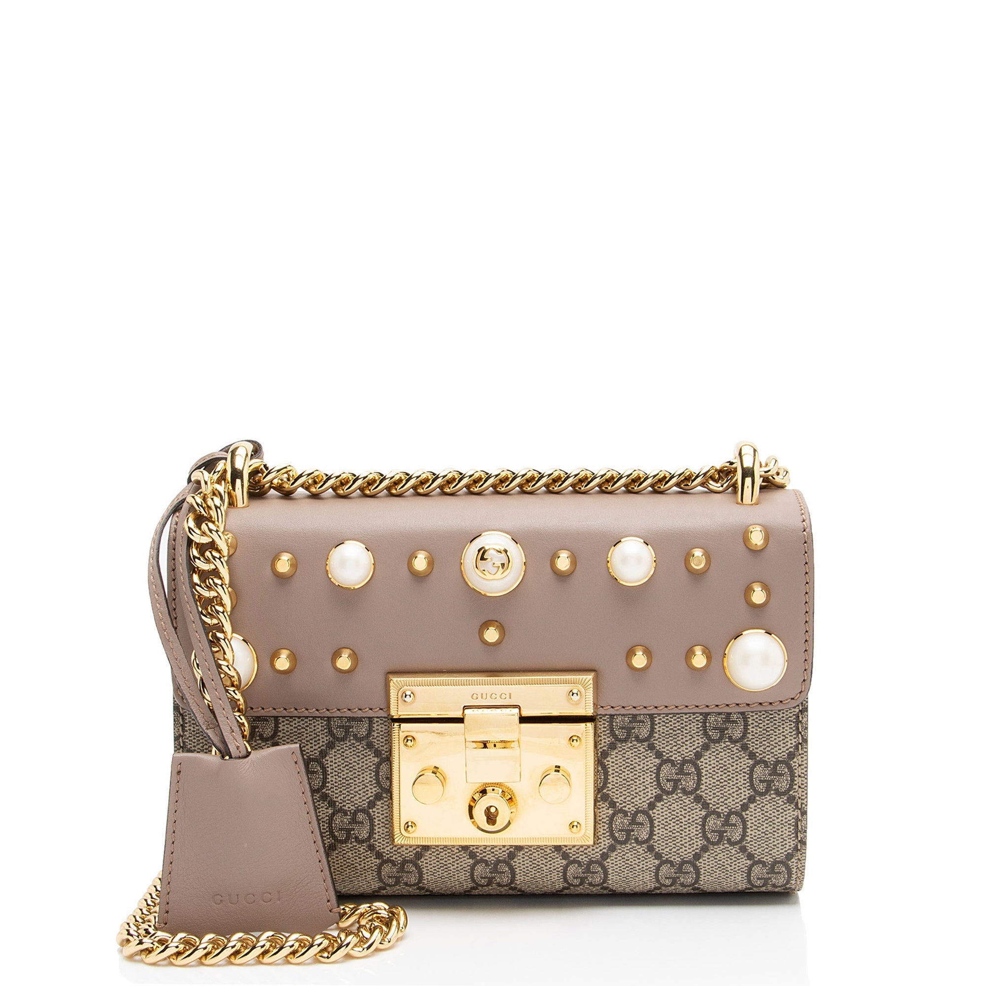 Gucci GG Supreme Pearl Stud Padlock Small Shoulder Bag
