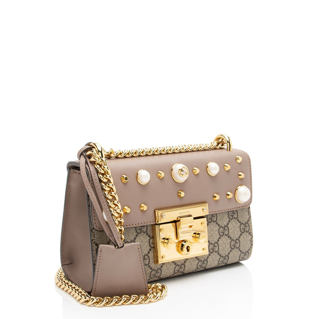 Gucci GG Supreme Pearl Stud Padlock Small Shoulder Bag