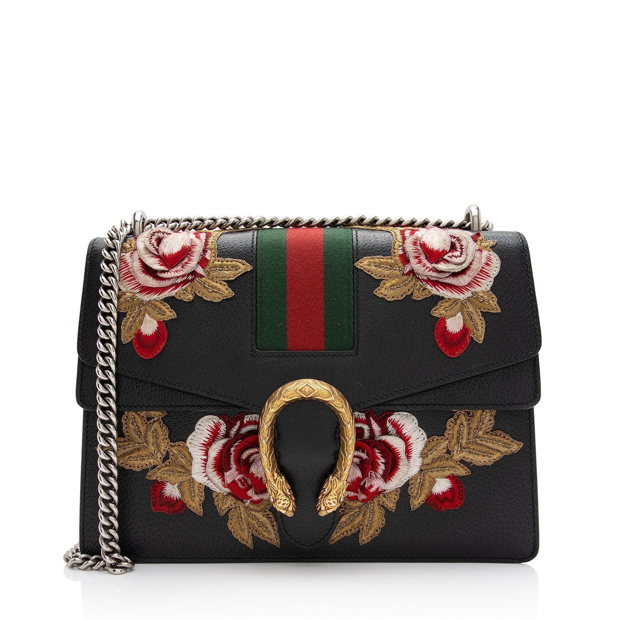 Gucci Leather Embroidered Rose Dionysus Medium Shoulder Bag (SHF-7coiPQ)