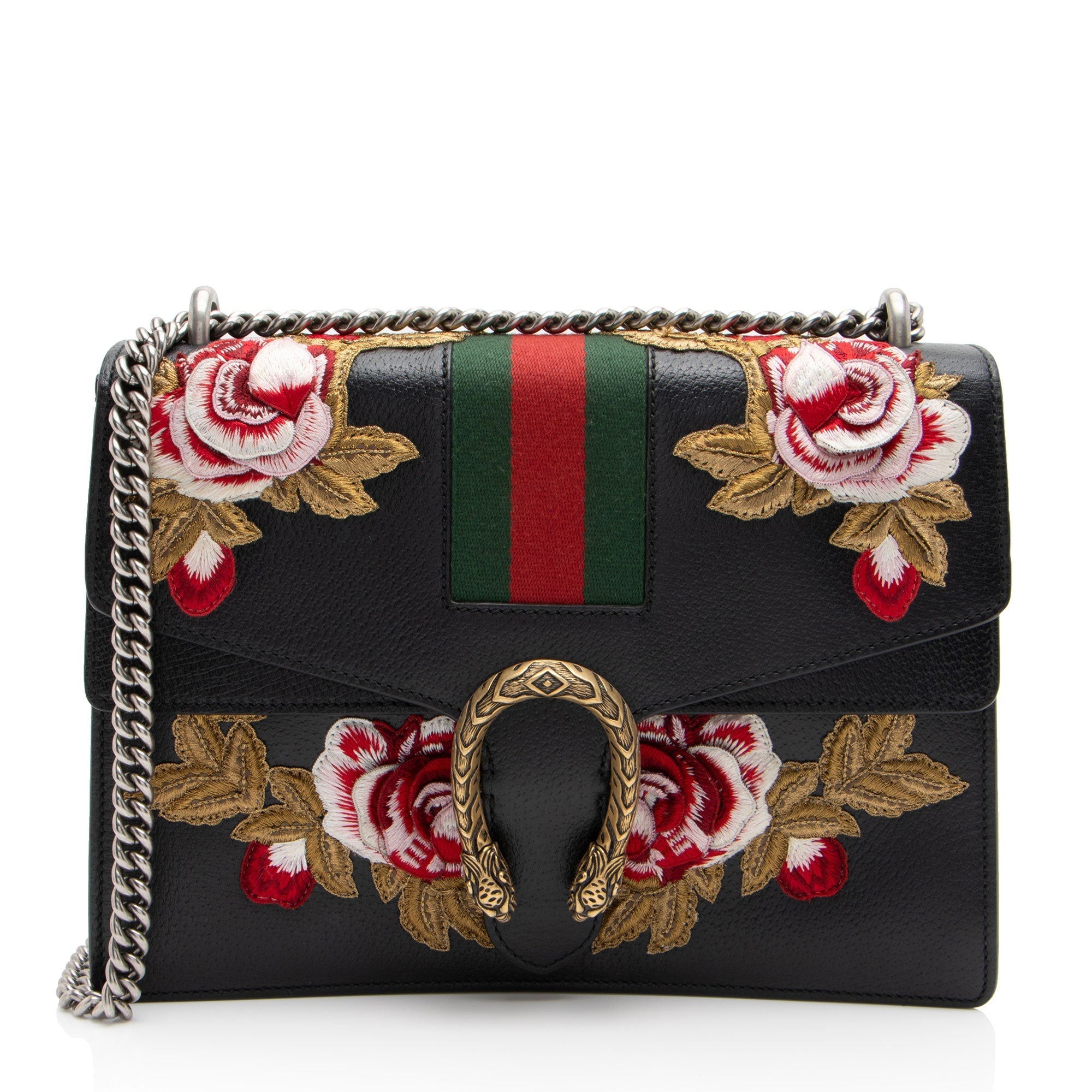 Gucci Leather Embroidered Rose Dionysus Medium Shoulder Bag (SHF-NIvfQT)