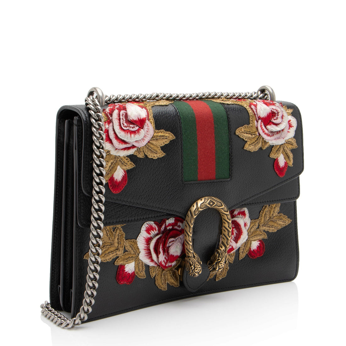 Gucci Leather Embroidered Rose Dionysus Medium Shoulder Bag (SHF-NIvfQT)