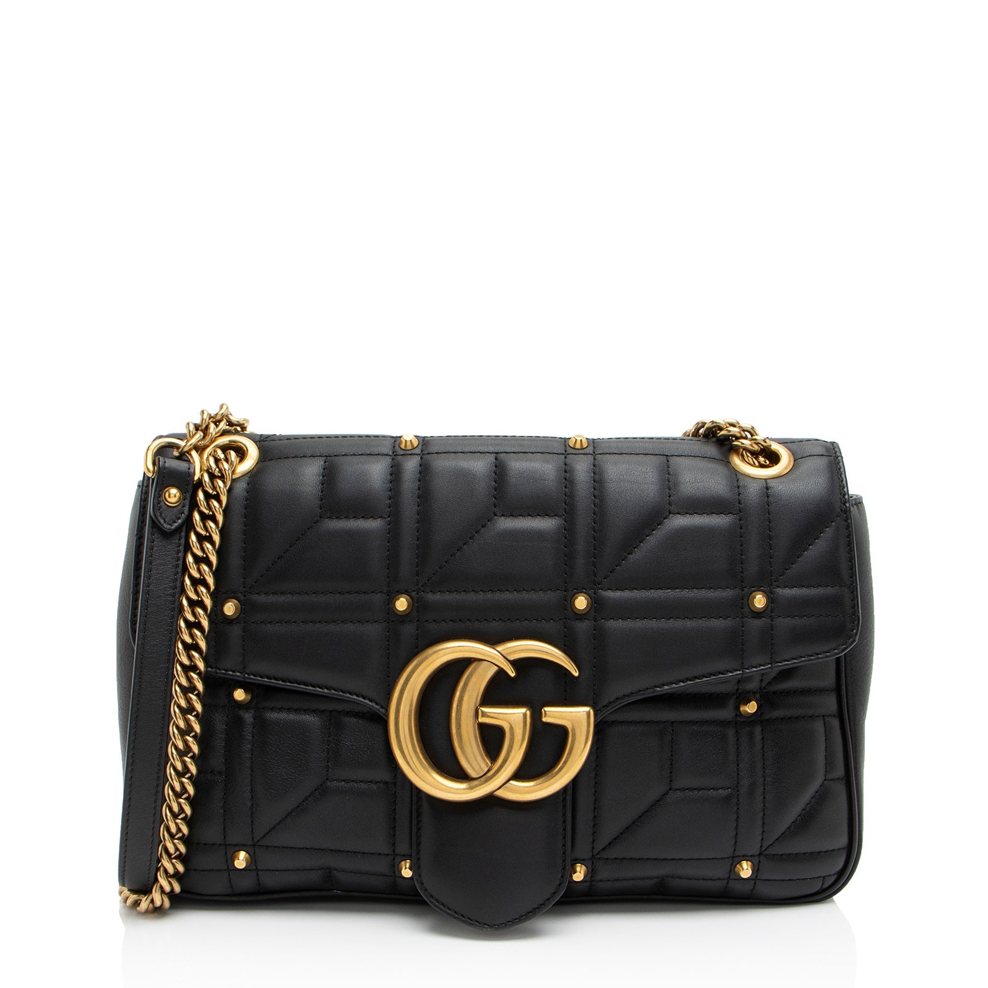 Gucci Matelasse Leather GG Marmont Studded Medium Flap Shoulder Bag