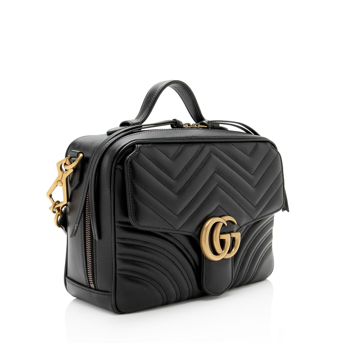 Gucci Matelasse Leather GG Marmont Top Handle Zip Around Small Shoulder Bag (SHF-wK4h1j)